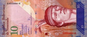 Купюра в 10 венесуэльских боливаров. Лицевая сторона.