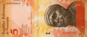 Купюра в 5 венесуэльских боливаров. Лицевая сторона.