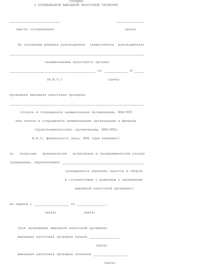 Образец справки о проведенной выездной налоговой проверке в организации _001