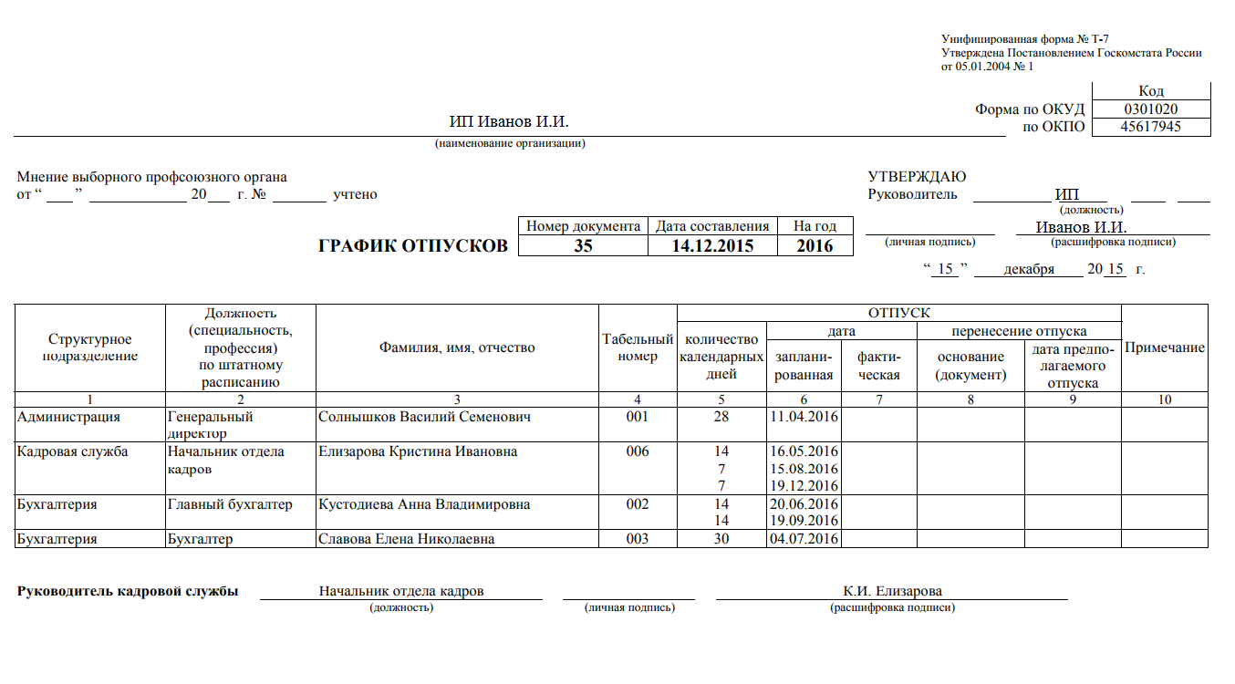 График отпусков