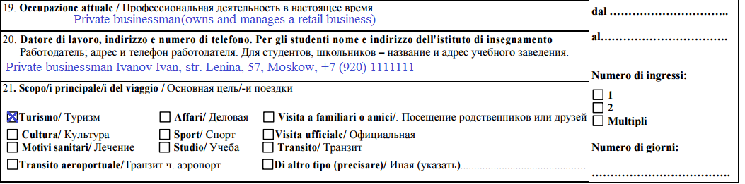 Образец анкеты на визу для ИП